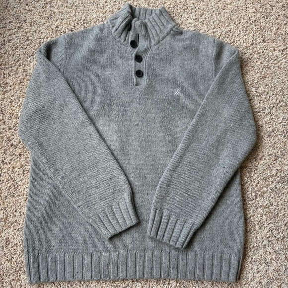 Nautica Men's Sweater Size L Gray Wool Blend Four Button Mock Neck Logo Pullover - Picture 10 of 11
